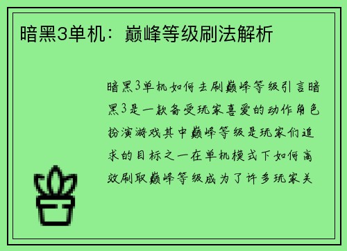 暗黑3单机：巅峰等级刷法解析